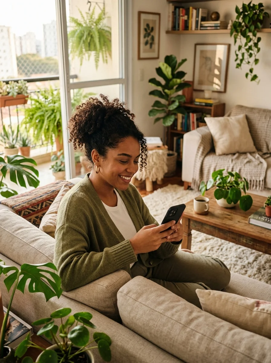 Mulher sorrindo enquanto acompanha seu ambiente pelo celular, no sofá de casa