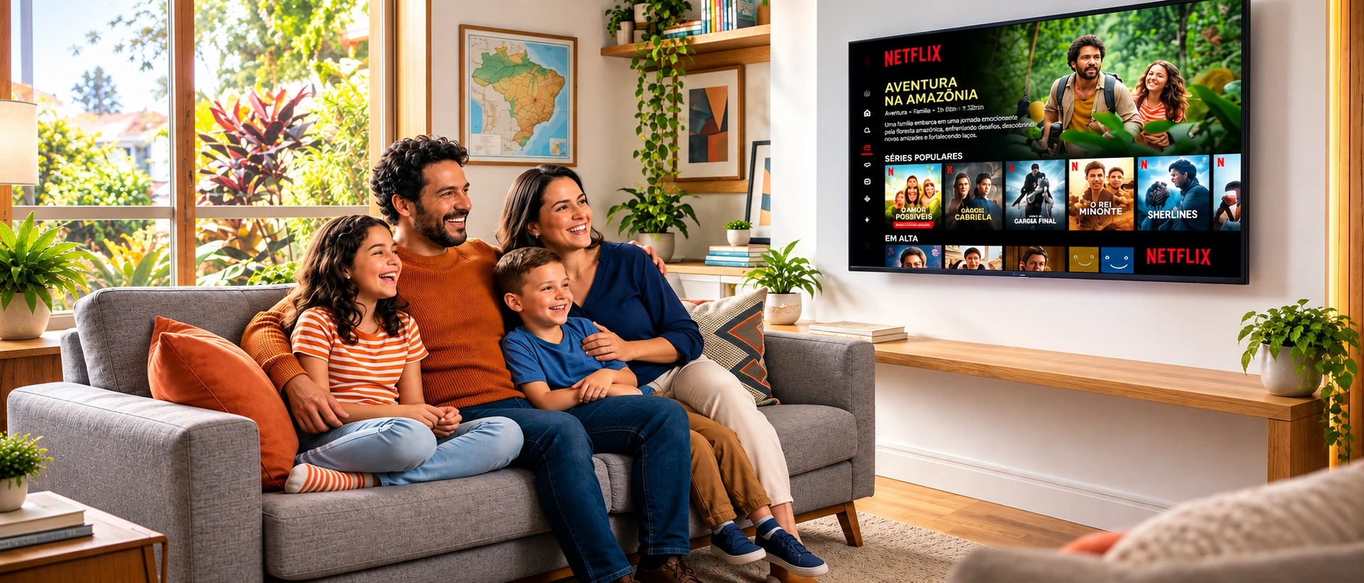 Família reunida no sofá assistindo à televisão, com uma conexão de fibra óptica em casa