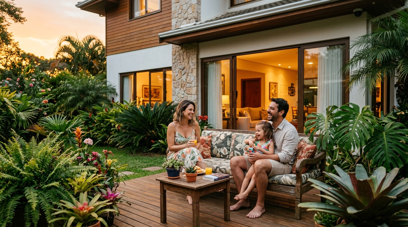 Família brasileira relaxando no jardim de casa com segurança